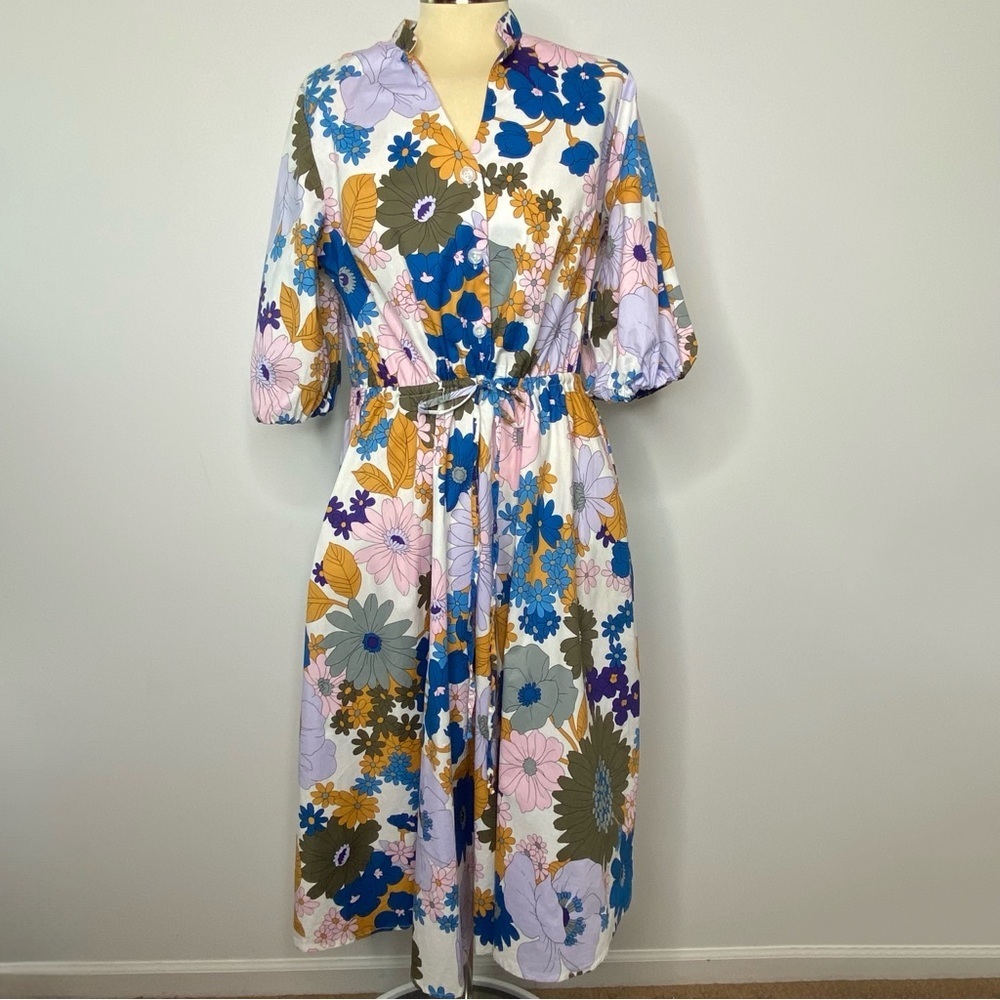 52seven Retro Floral Balloon Sleeve Midi Shirt Dress - Picture 2 of 13